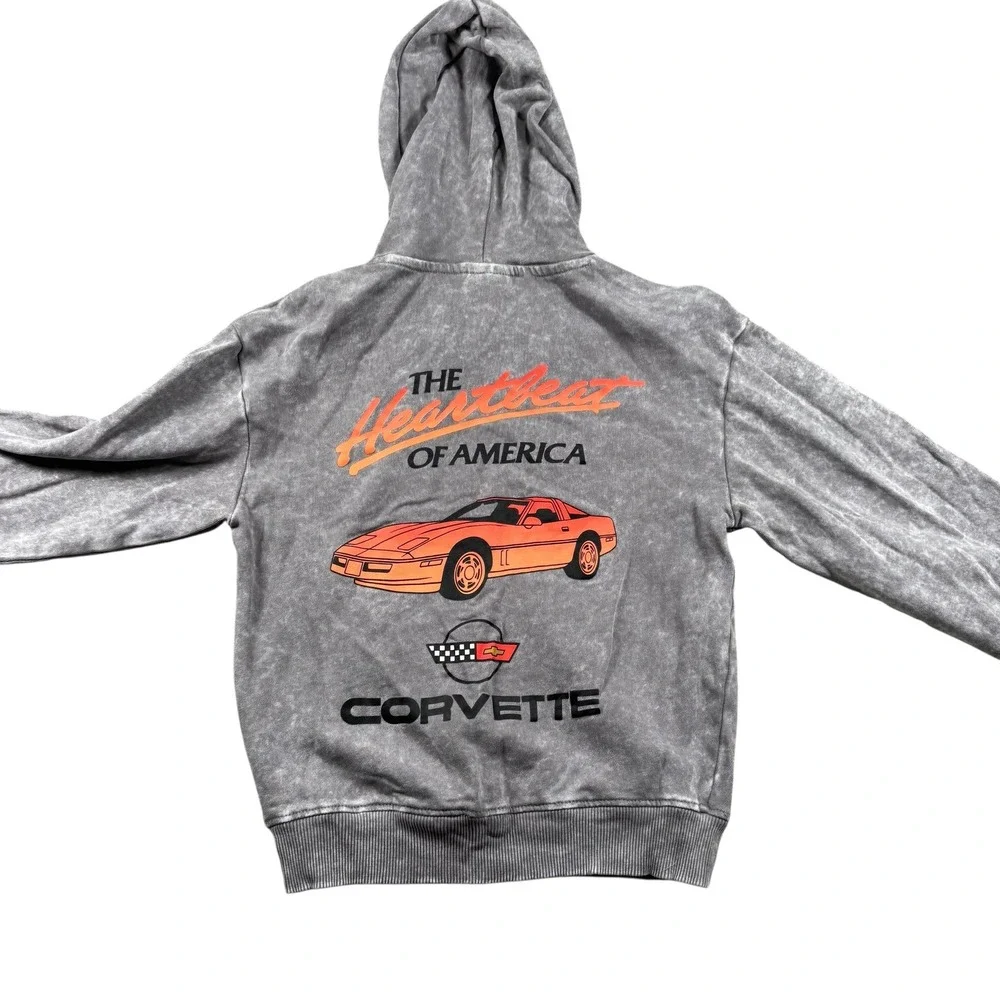 VTG Corvette Hoodie GM Graphic Gray acid Wash Pullover‎ Streetwear grunge Y2K